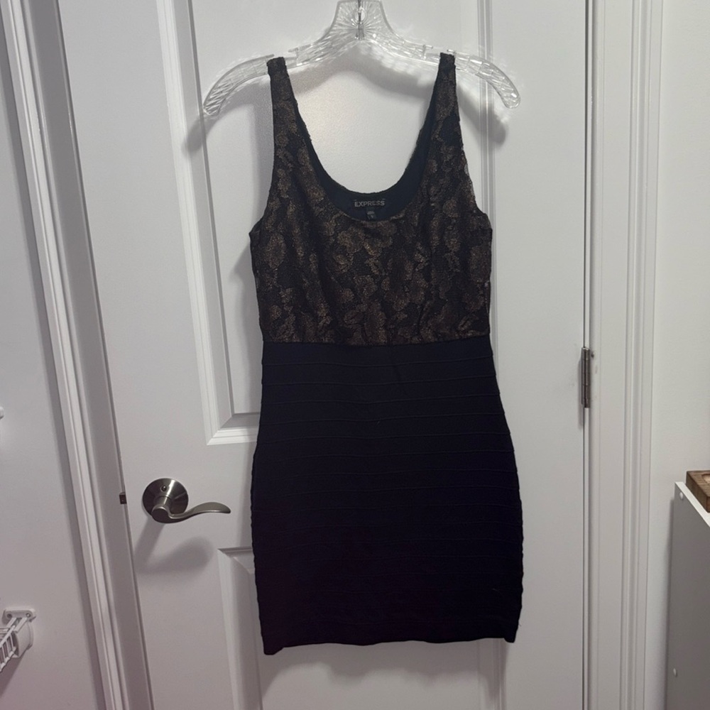Express Black Dress with Gold Lace Overlay